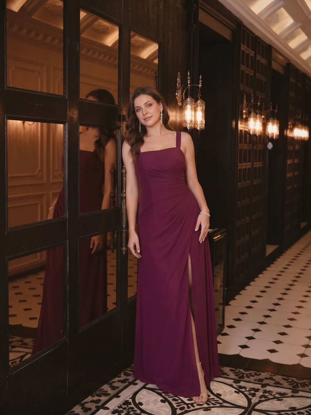 Elegant Mulberry Chiffon A-Line Square Neck Back Zip with nan Ankle-Length Bridesmaid Dress - Curvevia