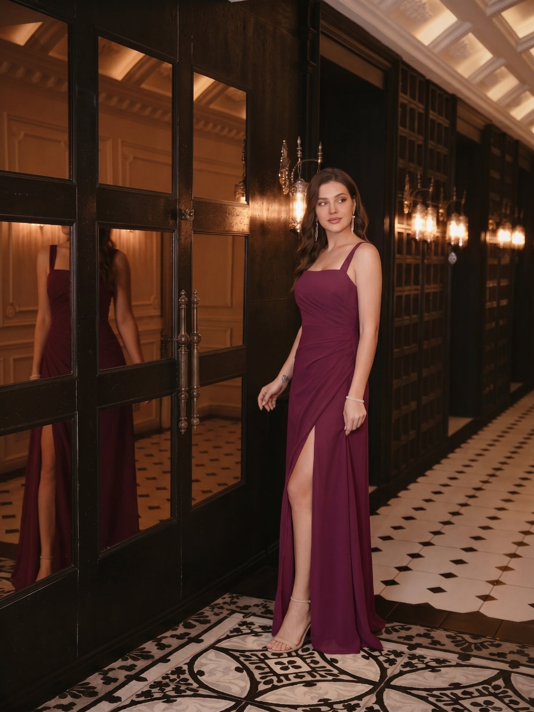Elegant Mulberry Chiffon A-Line Square Neck Back Zip with nan Ankle-Length Bridesmaid Dress - Curvevia