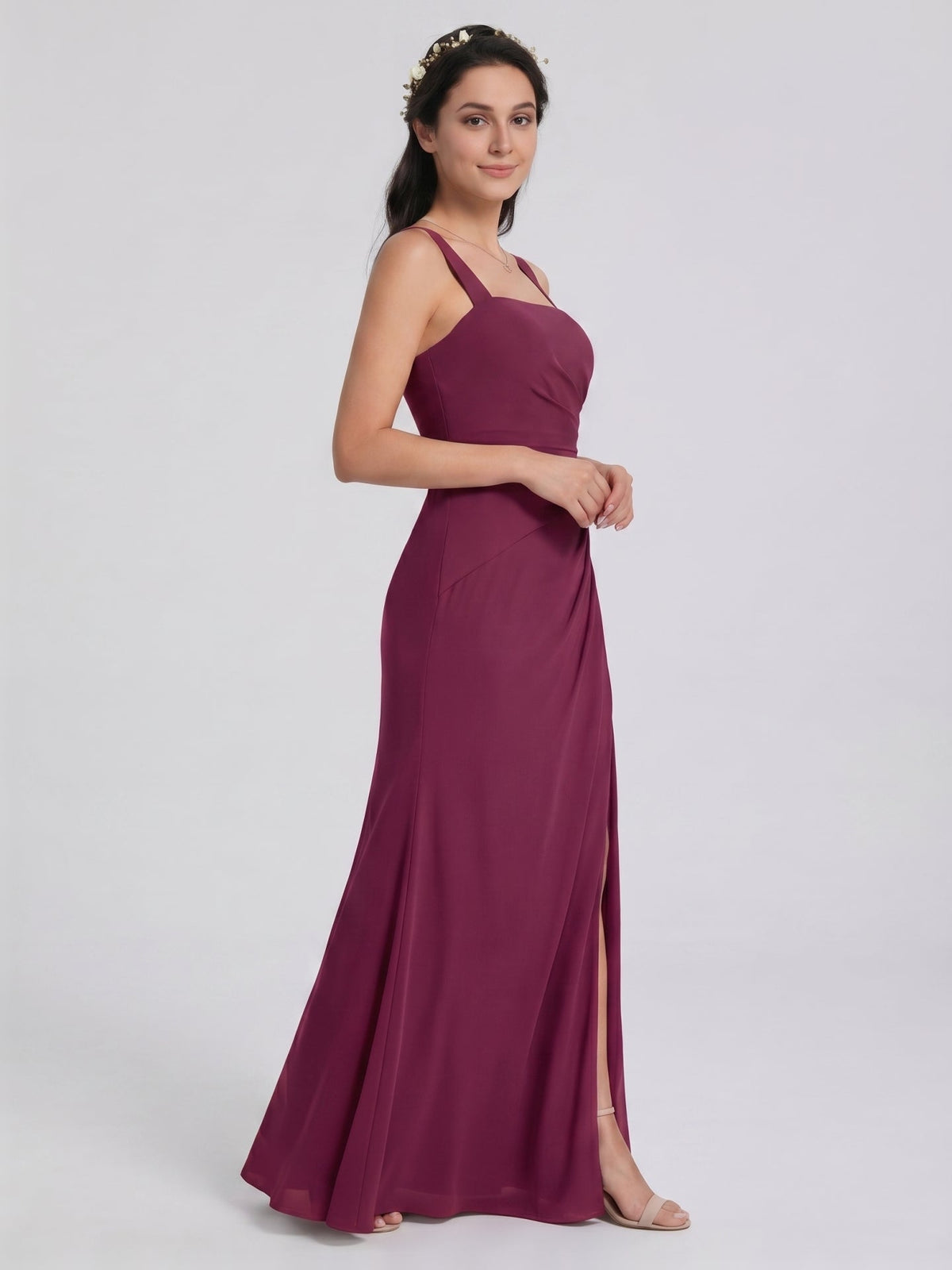 Elegant Mulberry Chiffon A-Line Square Neck Back Zip with nan Ankle-Length Bridesmaid Dress - Curvevia