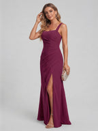 Elegant Mulberry Chiffon A-Line Square Neck Back Zip with nan Ankle-Length Bridesmaid Dress - Curvevia