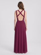 Elegant Mulberry Chiffon A-Line Square Neck Back Zip with nan Ankle-Length Bridesmaid Dress - Curvevia