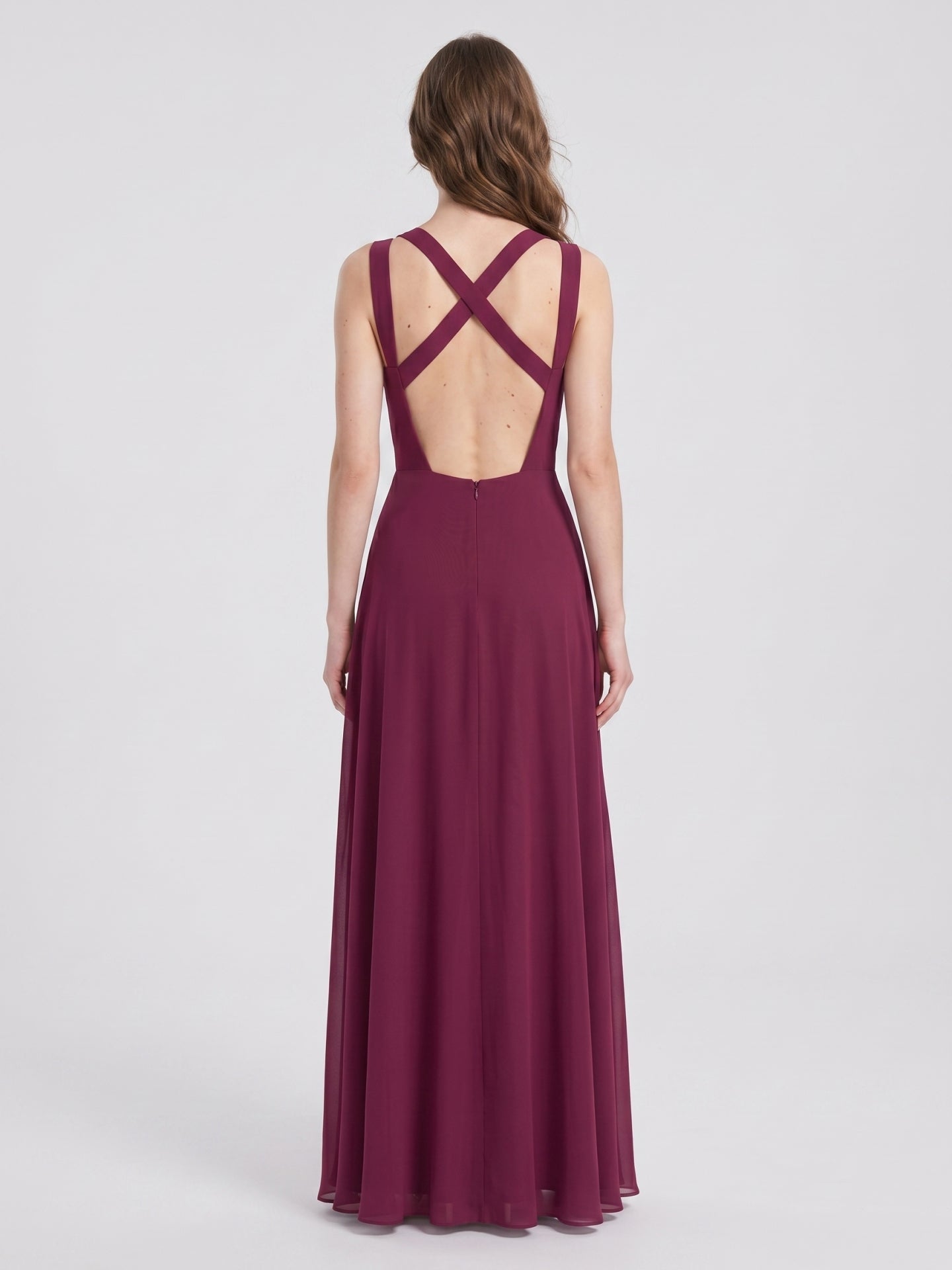 Elegant Mulberry Chiffon A-Line Square Neck Back Zip with nan Ankle-Length Bridesmaid Dress - Curvevia