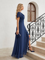 Elegant Navy Blue Chiffon A-Line Cowl Neck Back Zip Ankle-Length Bridesmaid Dress - Curvevia