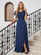 Elegant Navy Blue Chiffon A-Line Cowl Neck Back Zip Ankle-Length Bridesmaid Dress - Curvevia