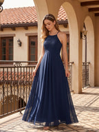 Elegant Navy Blue Chiffon A-Line Halter neckline Ankle-Length Bridesmaid Dress - Curvevia
