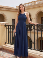 Elegant Navy Blue Chiffon A-Line Halter neckline Ankle-Length Bridesmaid Dress - Curvevia