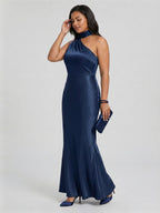 Elegant Navy Blue Satin column One Shoulder Side Zip with nan Ankle-Length Bridesmaid Dress - Curvevia