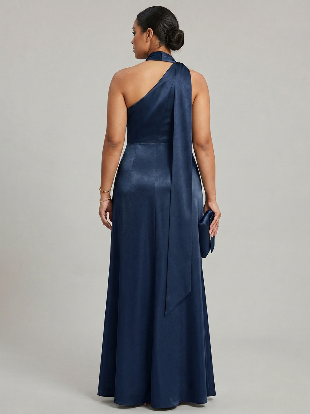 Elegant Navy Blue Satin column One Shoulder Side Zip with nan Ankle-Length Bridesmaid Dress - Curvevia
