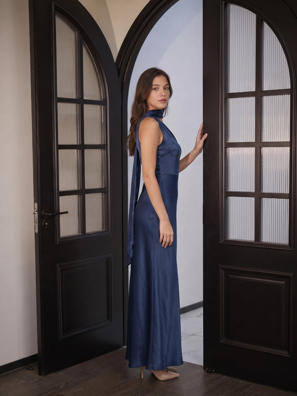 Elegant Navy Blue Satin column One Shoulder Side Zip with nan Ankle-Length Bridesmaid Dress - Curvevia
