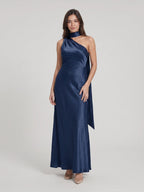 Elegant Navy Blue Satin column One Shoulder Side Zip with nan Ankle-Length Bridesmaid Dress - Curvevia