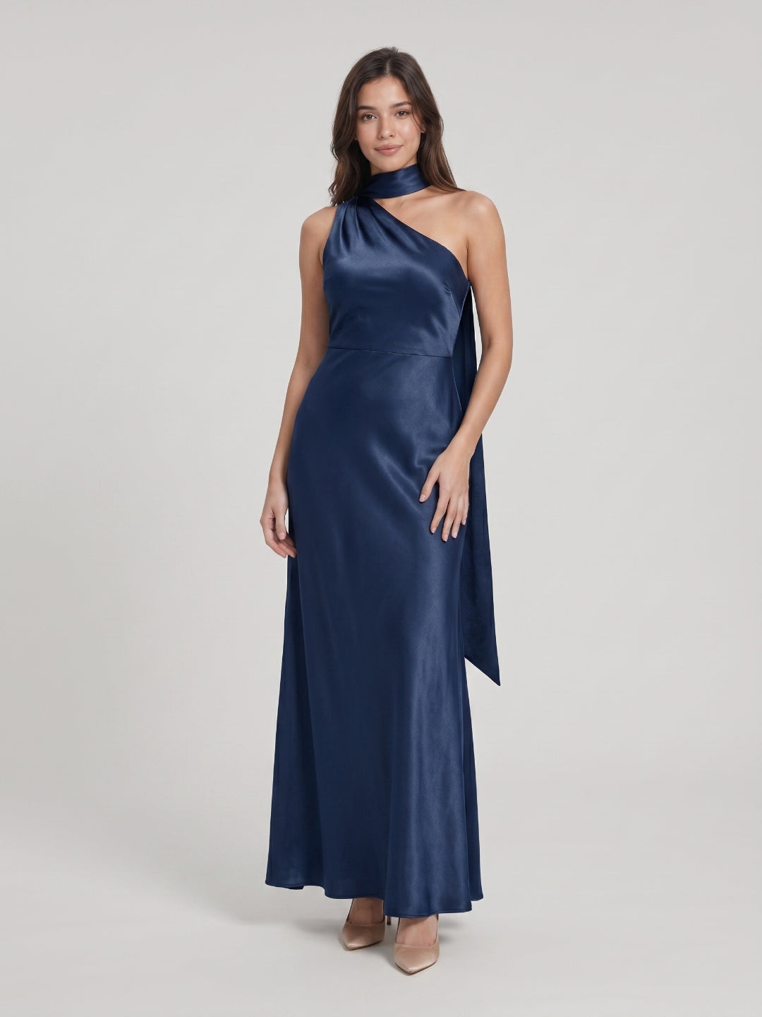 Elegant Navy Blue Satin column One Shoulder Side Zip with nan Ankle-Length Bridesmaid Dress - Curvevia
