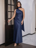 Elegant Navy Blue Satin column One Shoulder Side Zip with nan Ankle-Length Bridesmaid Dress - Curvevia