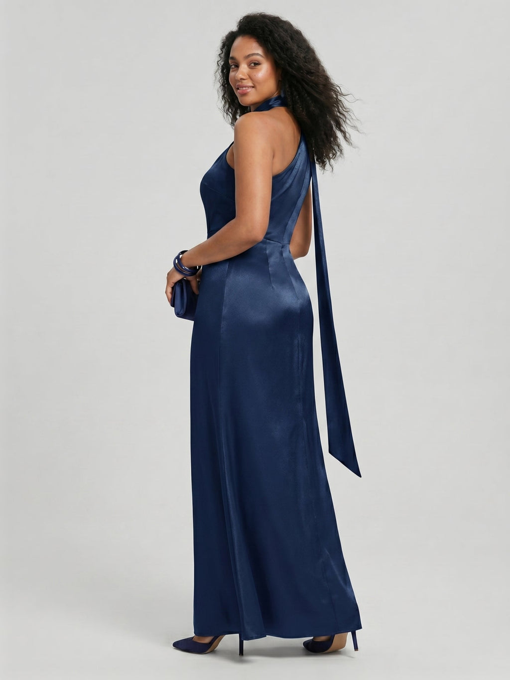 Elegant Navy Blue Satin column One Shoulder Side Zip with nan Ankle-Length Bridesmaid Dress - Curvevia