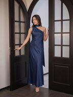 Elegant Navy Blue Satin column One Shoulder Side Zip with nan Ankle-Length Bridesmaid Dress - Curvevia