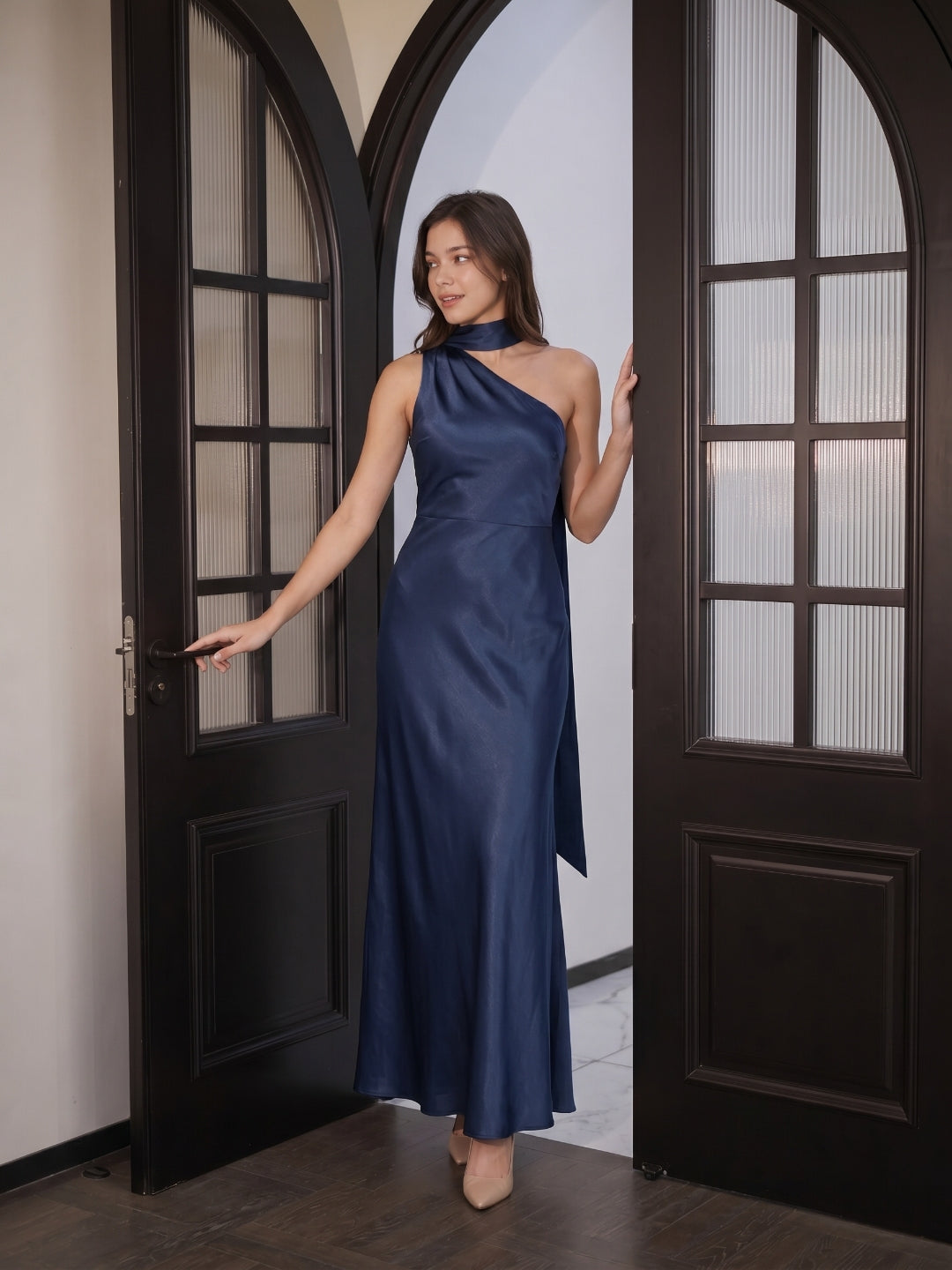 Elegant Navy Blue Satin column One Shoulder Side Zip with nan Ankle-Length Bridesmaid Dress - Curvevia