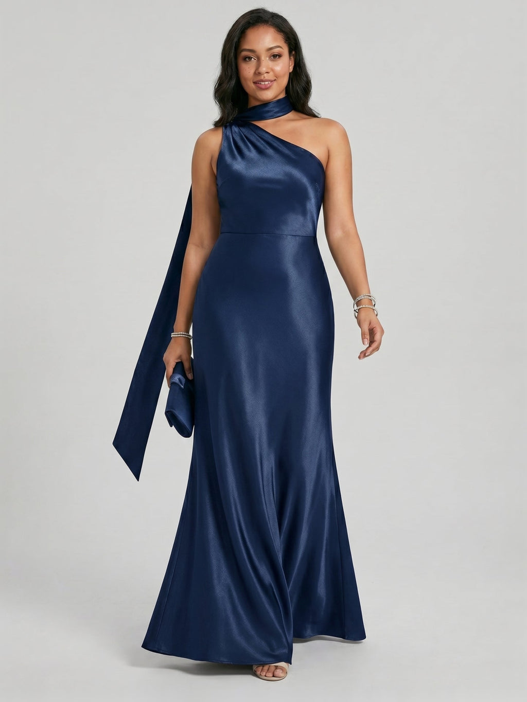 Elegant Navy Blue Satin column One Shoulder Side Zip with nan Ankle-Length Bridesmaid Dress - Curvevia