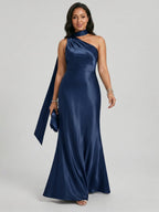 Elegant Navy Blue Satin column One Shoulder Side Zip with nan Ankle-Length Bridesmaid Dress - Curvevia