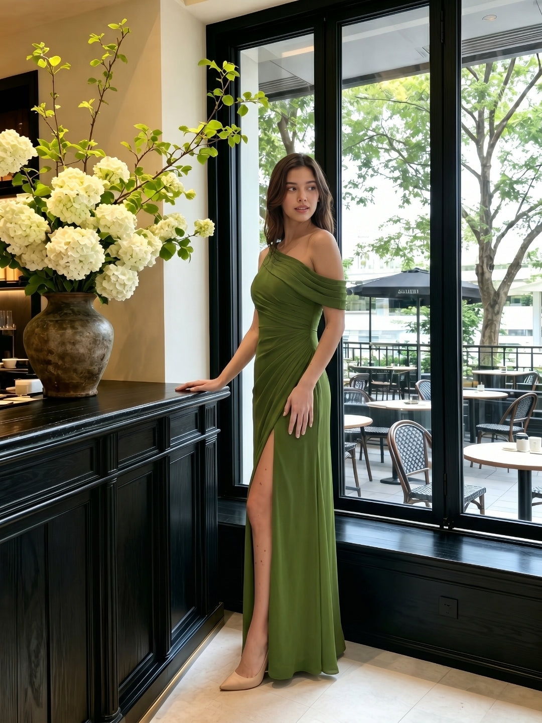 Elegant Olive Green Chiffon A-Line One Shoulder Backless with nan Ankle-Length Bridesmaid Dress - Curvevia