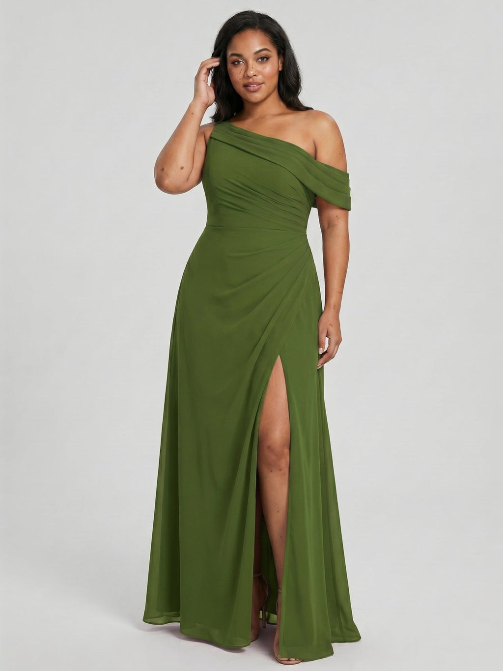 Elegant Olive Green Chiffon A-Line One Shoulder Backless with nan Ankle-Length Bridesmaid Dress - Curvevia