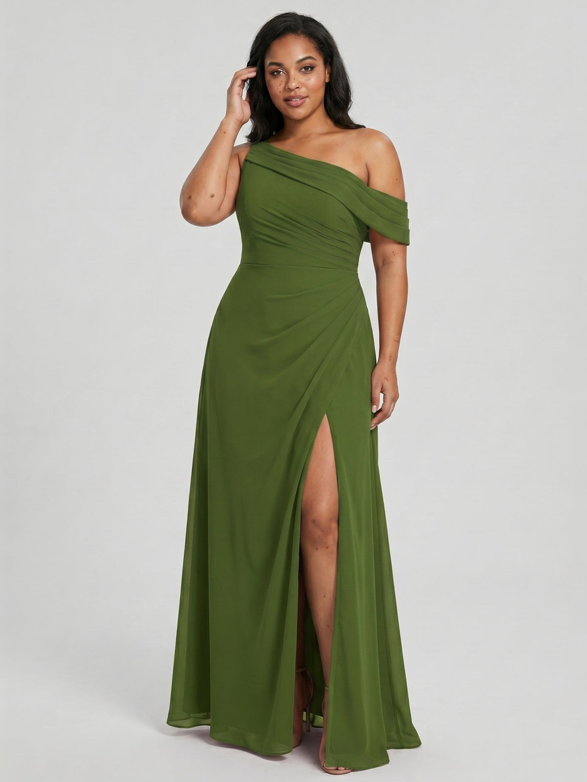 Elegant Olive Green Chiffon A-Line One Shoulder Backless with nan Ankle-Length Bridesmaid Dress - Curvevia
