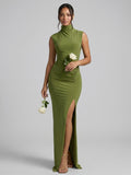Elegant Olive Green Stretch Knit Trumpet Scoop Neck Back Zip Ankle-Length Bridesmaid Dress - Curvevia