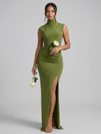 Elegant Olive Green Stretch Knit Trumpet Scoop Neck Back Zip Ankle-Length Bridesmaid Dress - Curvevia