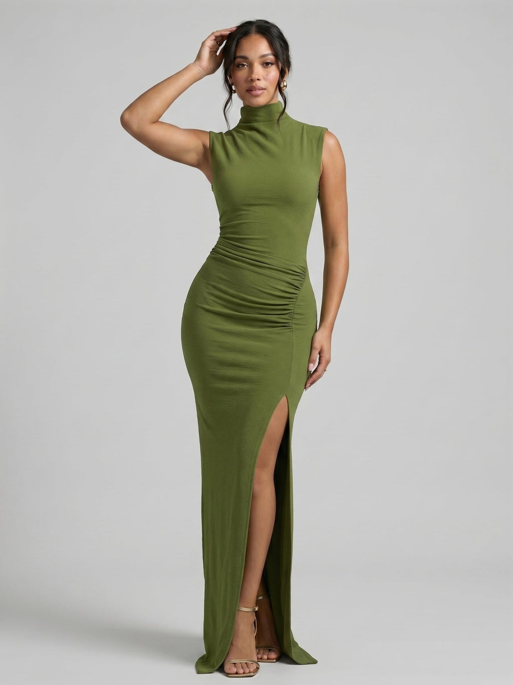 Elegant Olive Green Stretch Knit Trumpet Scoop Neck Back Zip Ankle-Length Bridesmaid Dress - Curvevia