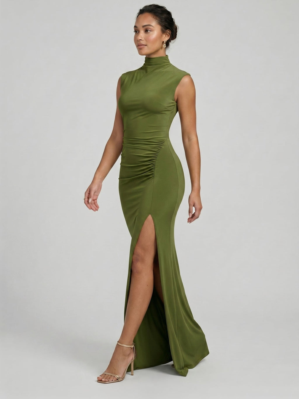 Elegant Olive Green Stretch Knit Trumpet Scoop Neck Back Zip Ankle-Length Bridesmaid Dress - Curvevia