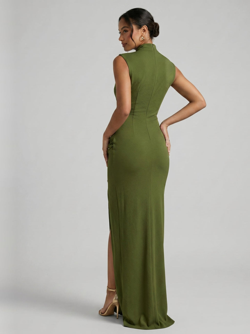 Elegant Olive Green Stretch Knit Trumpet Scoop Neck Back Zip Ankle-Length Bridesmaid Dress - Curvevia