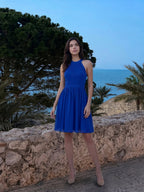 Elegant Royal Blue Chiffon A-Line Halter neckline Backless Knee-Length Bridesmaid Dress - Curvevia