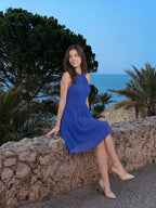 Elegant Royal Blue Chiffon A-Line Halter neckline Backless Knee-Length Bridesmaid Dress - Curvevia