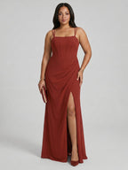 Elegant Rust Chiffon A-Line Straight Neck Criss-Cross Straps with nan Ankle-Length Bridesmaid Dress - Curvevia