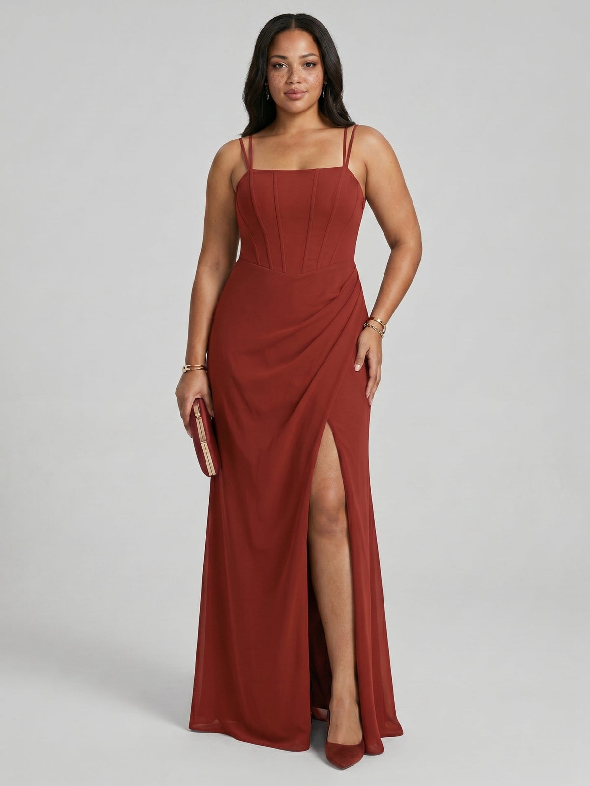 Elegant Rust Chiffon A-Line Straight Neck Criss-Cross Straps with nan Ankle-Length Bridesmaid Dress - Curvevia