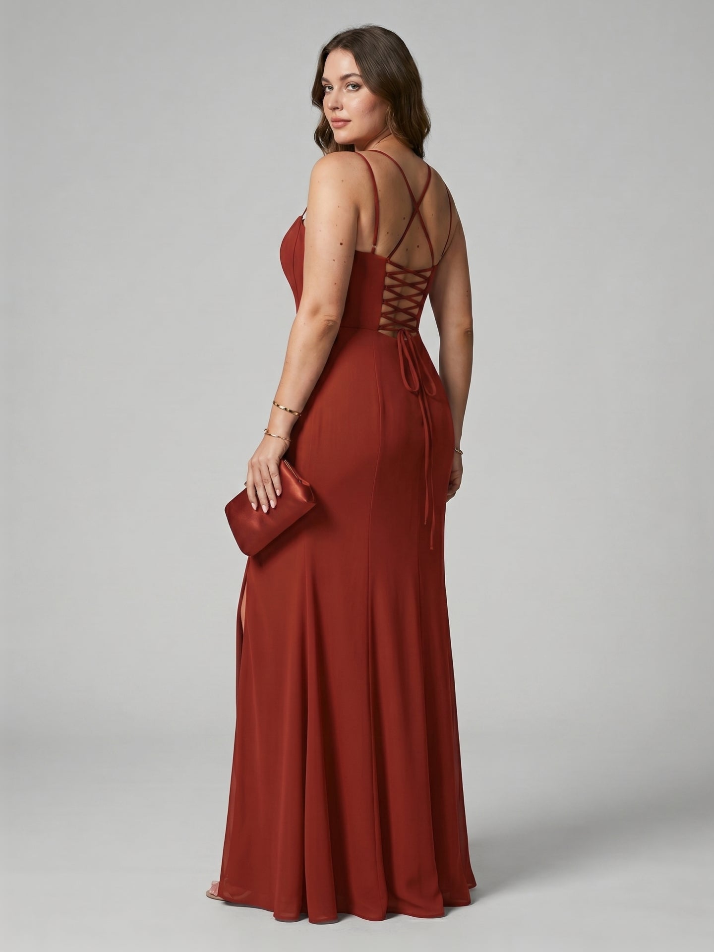 Elegant Rust Chiffon A-Line Straight Neck Criss-Cross Straps with nan Ankle-Length Bridesmaid Dress - Curvevia