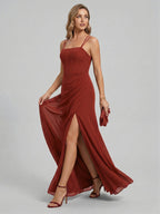 Elegant Rust Chiffon A-Line Straight Neck Criss-Cross Straps with nan Ankle-Length Bridesmaid Dress - Curvevia