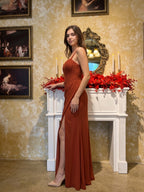 Elegant Rust Chiffon A-Line Straight Neck Criss-Cross Straps with nan Ankle-Length Bridesmaid Dress - Curvevia