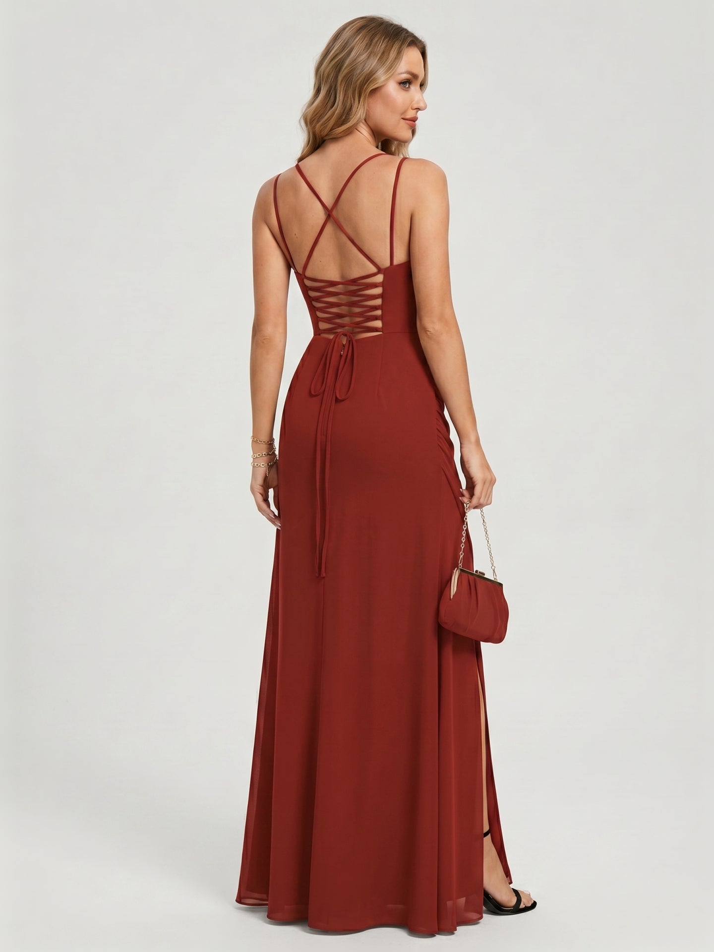 Elegant Rust Chiffon A-Line Straight Neck Criss-Cross Straps with nan Ankle-Length Bridesmaid Dress - Curvevia