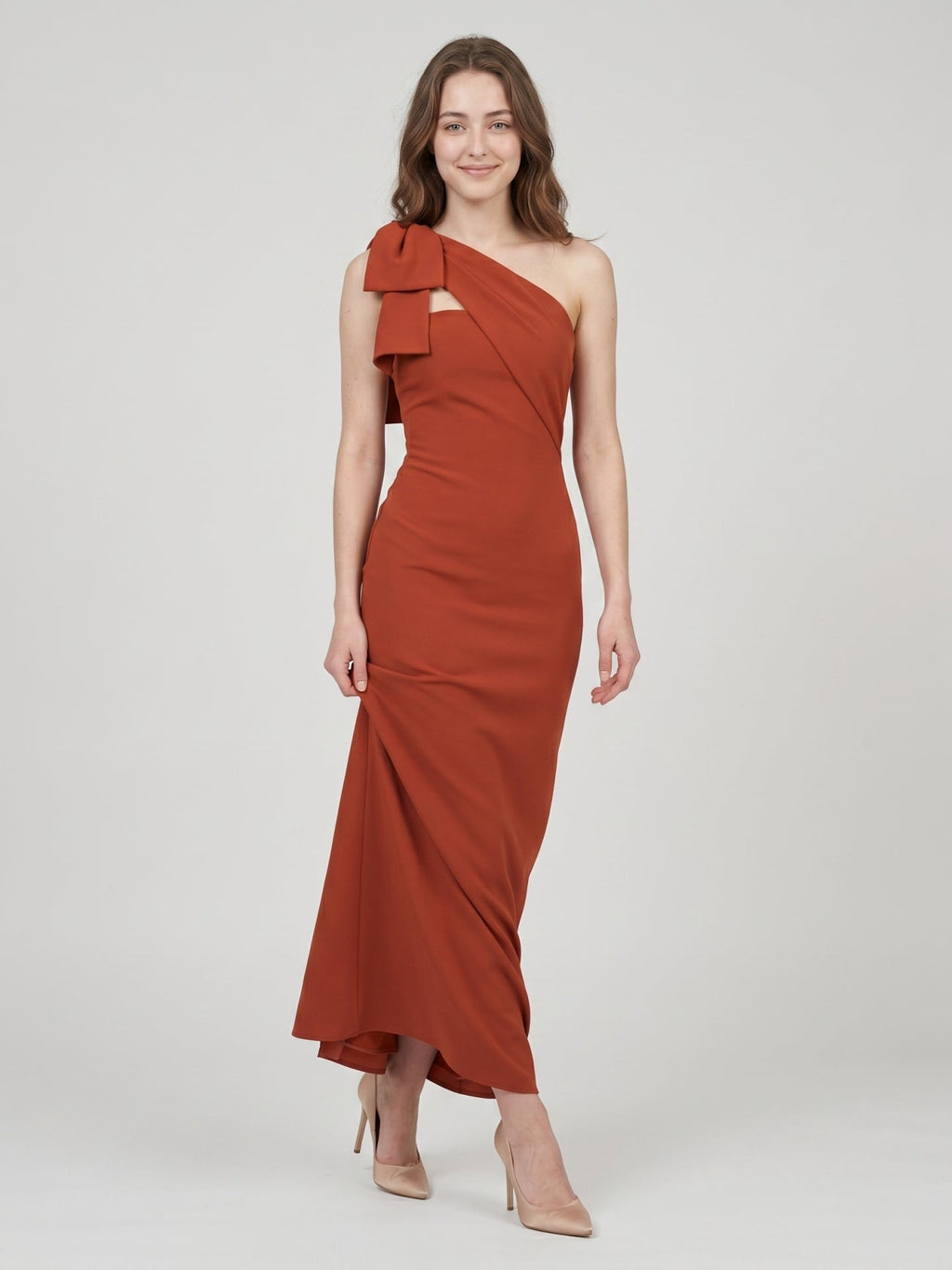 Elegant Rust Chiffon column One Shoulder Side Zip with Bow Ankle-Length Bridesmaid Dress - Curvevia