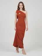 Elegant Rust Chiffon column One Shoulder Side Zip with Bow Ankle-Length Bridesmaid Dress - Curvevia