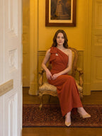 Elegant Rust Chiffon column One Shoulder Side Zip with Bow Ankle-Length Bridesmaid Dress - Curvevia