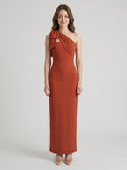 Elegant Rust Chiffon column One Shoulder Side Zip with Bow Ankle-Length Bridesmaid Dress - Curvevia