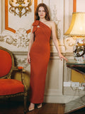 Elegant Rust Chiffon column One Shoulder Side Zip with Bow Ankle-Length Bridesmaid Dress - Curvevia