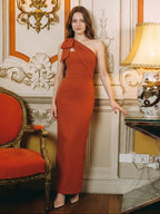 Elegant Rust Chiffon column One Shoulder Side Zip with Bow Ankle-Length Bridesmaid Dress - Curvevia
