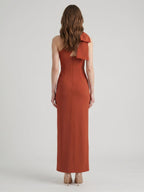 Elegant Rust Chiffon column One Shoulder Side Zip with Bow Ankle-Length Bridesmaid Dress - Curvevia