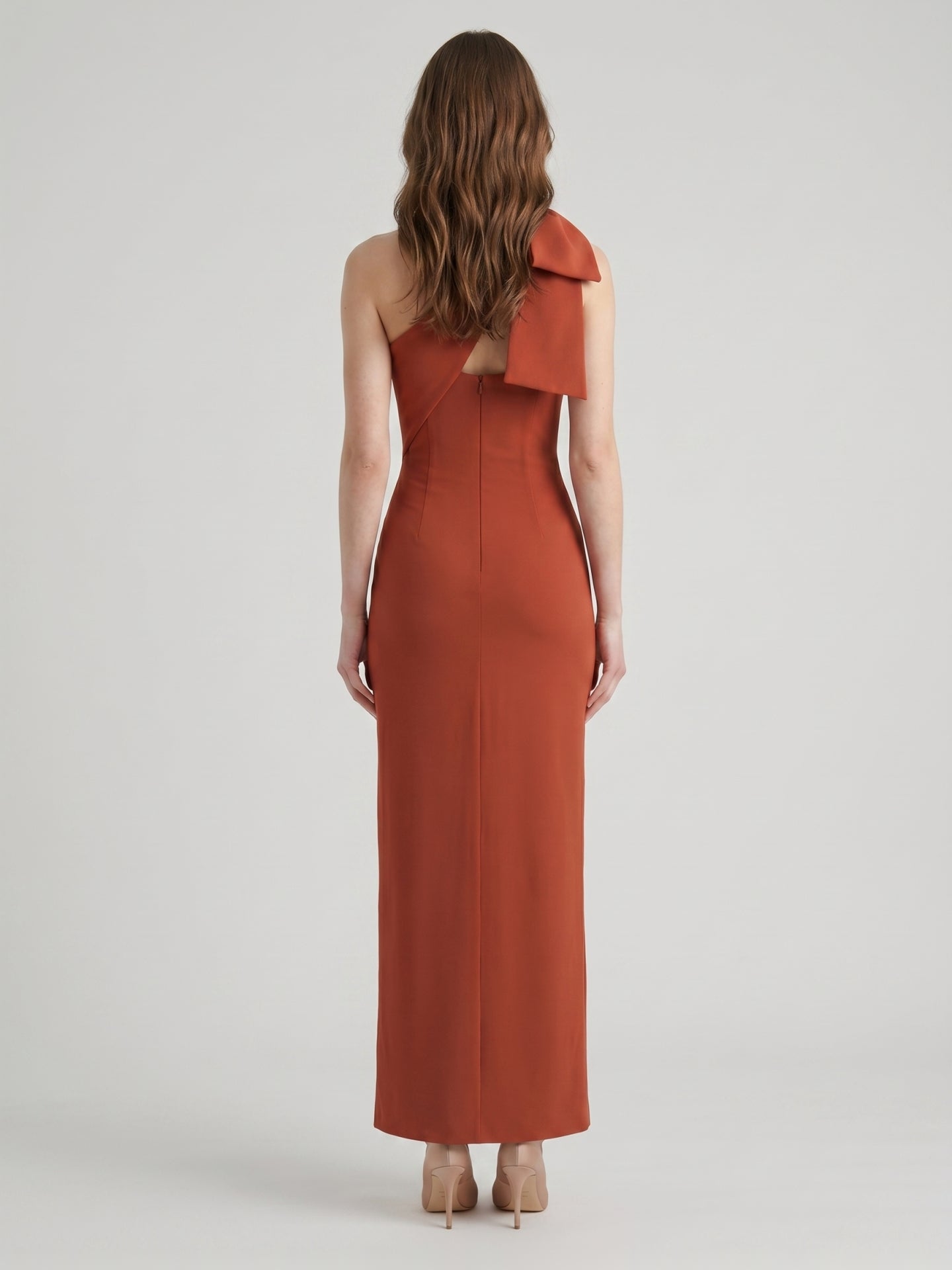 Elegant Rust Chiffon column One Shoulder Side Zip with Bow Ankle-Length Bridesmaid Dress - Curvevia