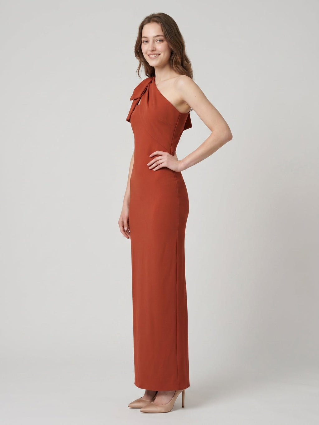 Elegant Rust Chiffon column One Shoulder Side Zip with Bow Ankle-Length Bridesmaid Dress - Curvevia