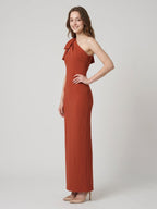 Elegant Rust Chiffon column One Shoulder Side Zip with Bow Ankle-Length Bridesmaid Dress - Curvevia