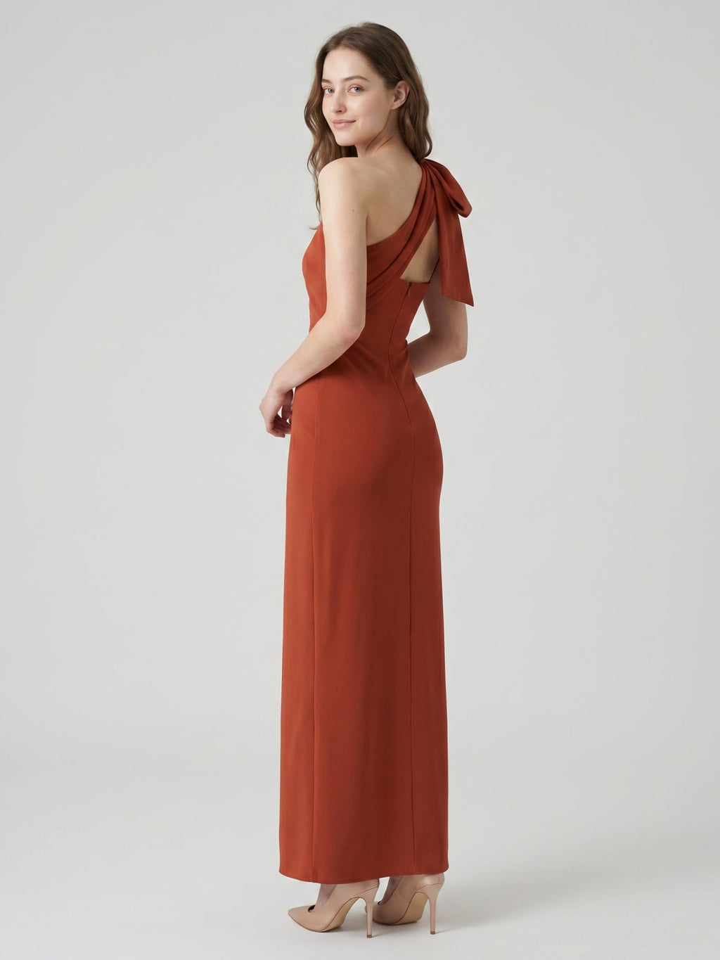 Elegant Rust Chiffon column One Shoulder Side Zip with Bow Ankle-Length Bridesmaid Dress - Curvevia