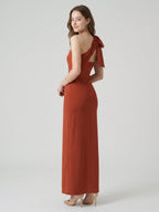 Elegant Rust Chiffon column One Shoulder Side Zip with Bow Ankle-Length Bridesmaid Dress - Curvevia