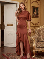 Elegant Rust Matte Satin mermaid Scoop Neck Back Zip Asymmetrical Bridesmaid Dress - Curvevia